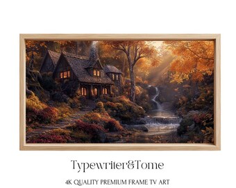 Cuadro de cabaña otoñal para TV: Paisaje de bosque soleado (Descarga digital)