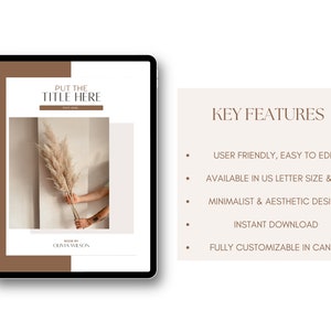 May include: A digital download template for a minimalist and aesthetic design. The template features a brown and white color scheme and a photo of a dried pampas grass. The text "PUT THE TITLE HERE" is at the top of the template. The text "DESIGN BY OUVIA WILSON" is at the bottom of the template. The template is available in US Letter size and A4.
