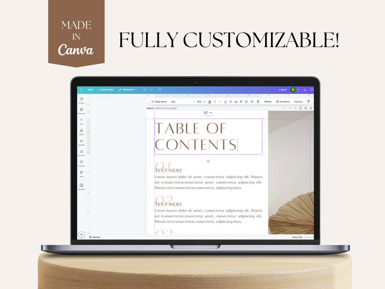 May include: A laptop screen displaying a Canva document with a table of contents. The document has a light brown background and the text "TABLE OF CONTENTS" is in a brown font. The document also includes the text "TEXT HERE" and "01" in a brown font.
