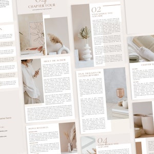 May include: A beige and white digital book with a minimalist design. The book features a chapter titled "Chapter Four" and includes text about the author, final thoughts, and a call to action.