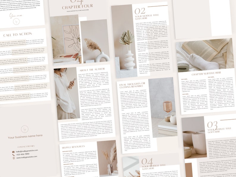 May include: A beige and white digital book with a minimalist design. The book features a chapter titled "Chapter Four" and includes text about the author, final thoughts, and a call to action.