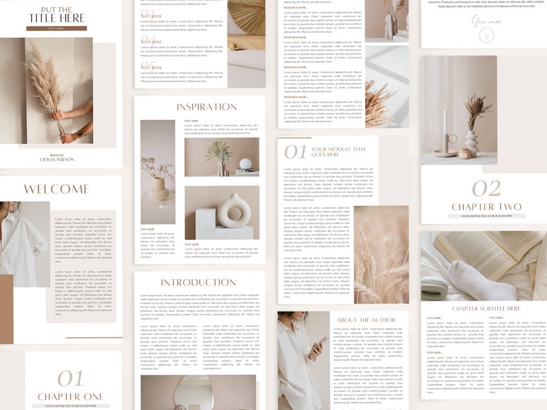 May include: A digital book or e-book with a beige background and brown text. The title of the book is "Put the Title Here". The book has chapters titled "Welcome", "Inspiration", "Introduction", "Your Mindset is the Key", "Chapter One", "Chapter Two", and "About the Author".