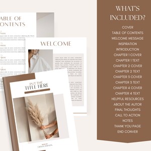 May include: A digital book mockup with a brown cover and the text "Put the Title Here" in white. The book is open to a page with a welcome message and a photo of a woman wearing a white shirt. The book is on a white background.
