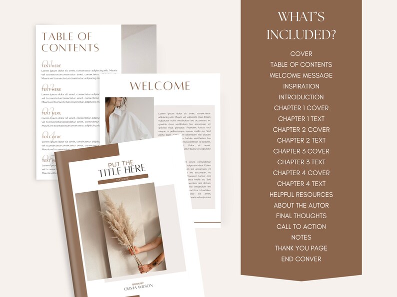 May include: A digital book mockup with a brown cover and the text "Put the Title Here" in white. The book is open to a page with a welcome message and a photo of a woman wearing a white shirt. The book is on a white background.