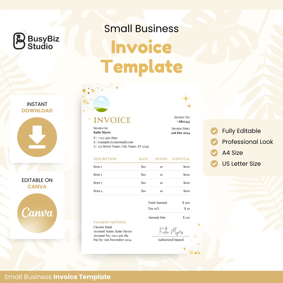 Invoice Template for Small Business, Invoice Canva Template as ...