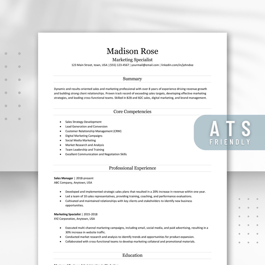 ATS Friendly Resume and Cover Letter Template | Minimalist CV for Word ...