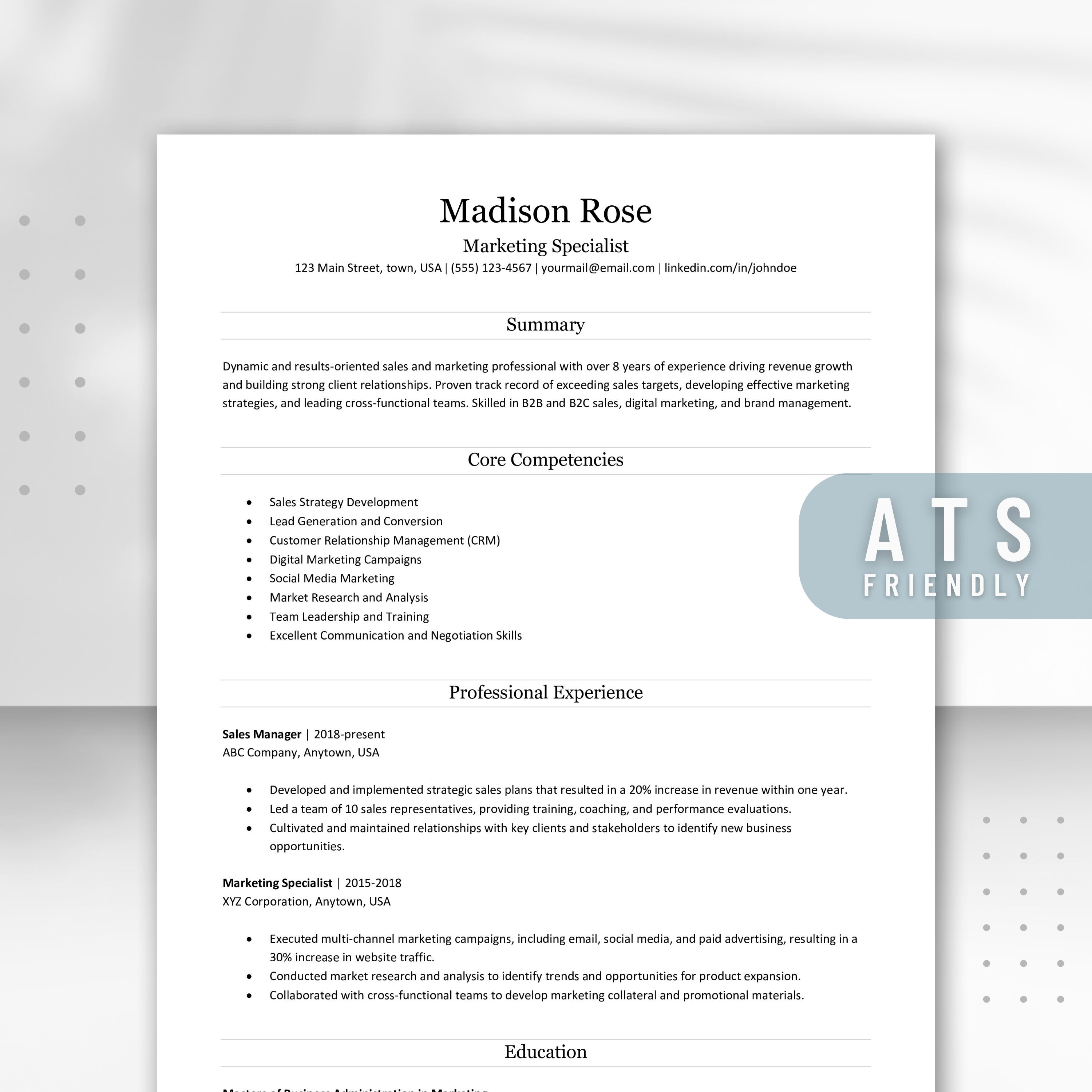 ATS Friendly Resume and Cover Letter Template | Minimalist CV for Word ...