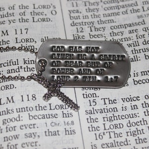 2 Timothy 1:7 Scripture Dog Tag with Cross Charm FREE SHIPPING