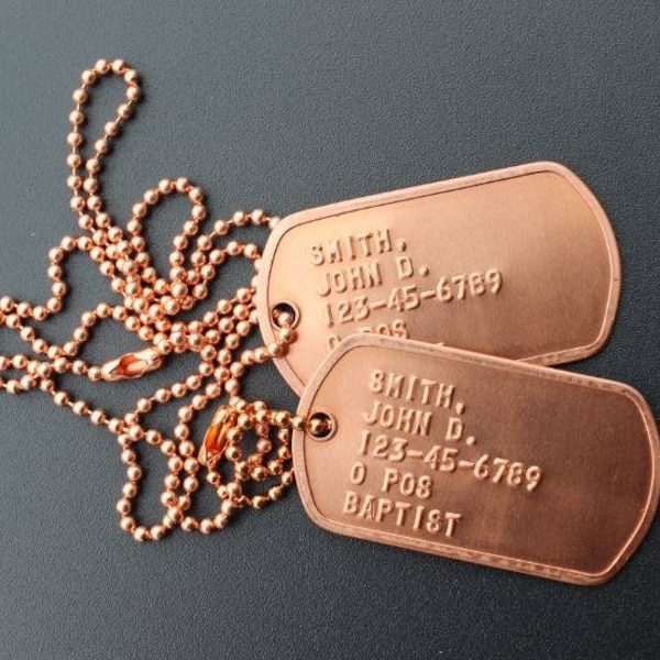 Real Genuine Copper Embossed Military Dog Tags Dogtags CUSTOM PRINTED 4 U