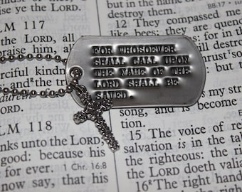 Romans 10:13 Dog Tag on Ball Chain with Cross Charm