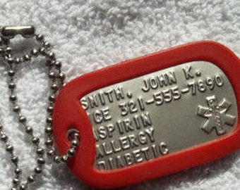 Personalized Medical Alert Dog Tag, Stainless Steel with Red Silencer Custom Embossed