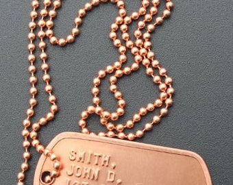 Single Real Genuine Copper Embossed Military Dog Tag with Chain Custom Made For You!