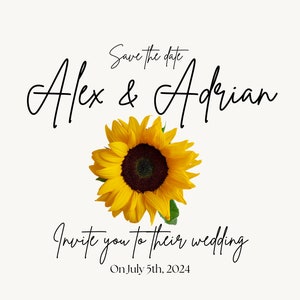 Puede incluir: Tarjeta de guardar la fecha con un gráfico de girasol y el texto "Alex & Adrian" y "Invite you to their wedding on July 5th, 2024".