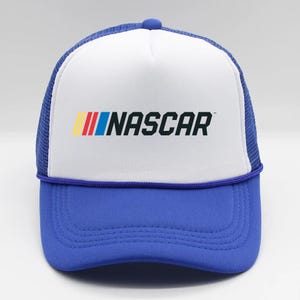 NASCAR Trucker Hat, Vintage Racing Hat, Blue and White Mesh Cap, Stock Car Racing Fan Gift, Unisex Racing Cap, Retro Motorsport Hat