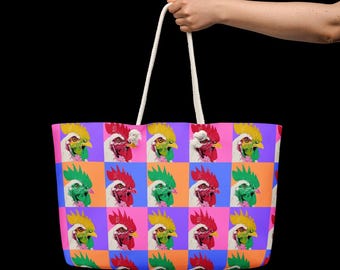 Warhol Chicken Weekender Bag: Pop Art Rooster Design, Oversized Tote