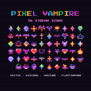 May include: A collection of 58 pixel art stream icons titled PIXEL VAMPIRE. The set features colorful, small-scale digital graphics including bats, hearts, crosses, skulls, and vampire faces in vibrant neon hues against a dark background.