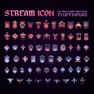 May include: A collection of 63 digital pixel art icons featuring gothic-inspired designs in shades of red, purple, and blue. The set includes various shapes like banners, frames, hearts, and crosses, labeled as Stream Icon 63-Piece Gothic Pixel Pack FLUFFINPURR.
