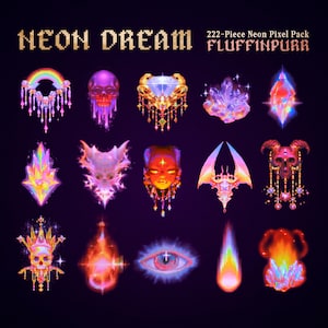May include: A digital collection titled NEON DREAM 222-Piece Neon Pixel Pack FLUFFINPURR featuring fifteen pixel art icons. The set includes skulls with hanging jewels, glowing crystals, a rainbow, a flaming eye, and abstract neon shapes.