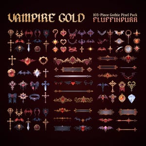 May include: A collection of 103 digital pixel art assets titled VAMPIRE GOLD and FLUFFINPURR. The set includes various gothic-themed icons, ornate borders, dividers, crosses, bat wings, red gemstones, skulls, and decorative frames in gold and dark tones.