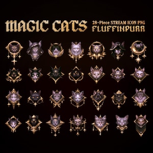 May include: A collection of 28 digital stream icons titled MAGIC CATS FLUFFINPURR, featuring various cat portraits framed in ornate gold metallic designs with star and crescent moon accents, set against a solid black background.
