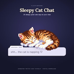 Puede incluir: Un gráfico digital con el texto Fluffinpurr Sleepy Cat Chat 25 sleepy pixel cats nap on your chat. Un gato atigrado naranja en pixel art duerme sobre un cuadro de chat con el texto peachytea Admin shh... the cat is napping y un símbolo de corazón.