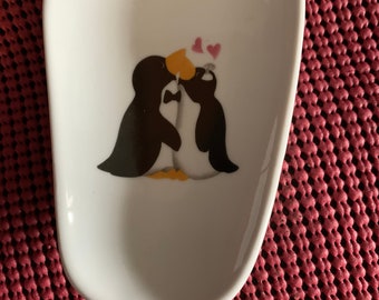 Ceramic Spoon Rest with penguin Kissing  5" Long And 3 1/2 Inches Wide at Top of Spoon