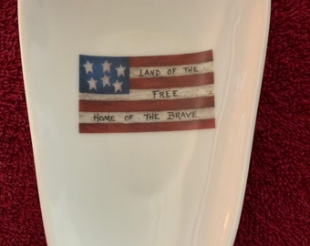 Ceramic Spoon Rest with American Flag 5" Long and 3 1/2 Inches Wide at Top of Spoon