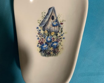 Ceramic Spoon Rest with Bird House with Morning  Glory  5" Long And 3 1/2 Inches Wide at Top of Spoon