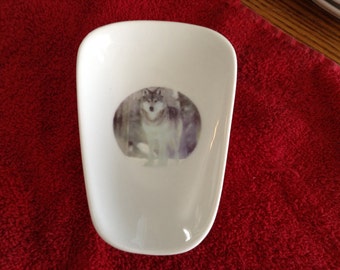 Ceramic Spoon Rest with a  Wolf  With White Tail    5" Long and 3 1/2 Inches Wide at Top of Spoon