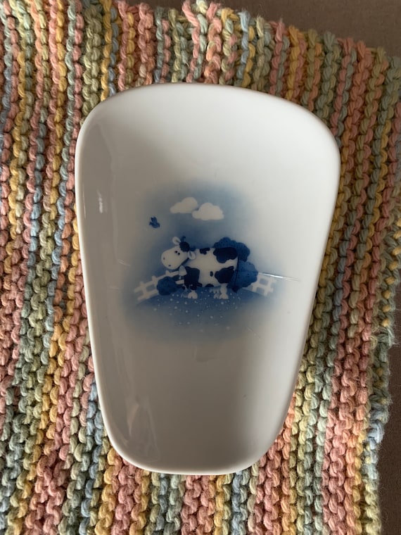 Ceramic Spoon Rest With Blue Cow 5 Long and 3 1/2 Wide at Top 