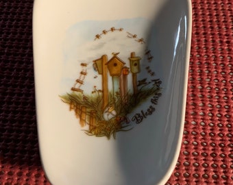 Ceramic Spoon Rest with Bird House Bless this mess 5” Long and 3 1/2  inches wide at Top of Spoon