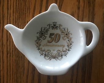 Ceramic Teabag Holder with 50th  Anniversary 4.5  inches