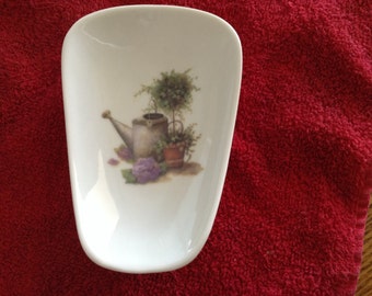 Ceramic Spoon Rest with Topiary Silver Watering Can  5" Long and 3 1/2 inches With at Top of Spoon