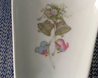 Ceramic Spoon Rest with Wedding Bells and Love Birds 5" Long and 3 1/2 Inches Wide at Top of Spoon