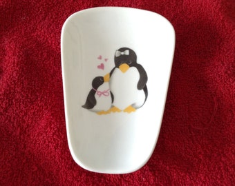 Ceramic Spoon Rest with penguin mama and baby 5" and 3 1/2 Inches Wide at Top of Spoon