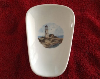 Ceramic Spoon Rest with Tan Light House  5" Long and 3 1/2 Inches Wide at Top of Spoon