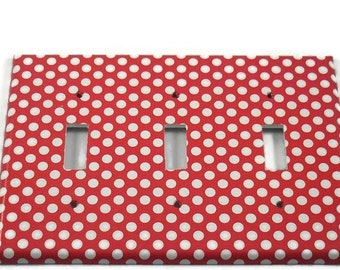 Triple Light Switch Cover Wall Decor Switch Plate in  Polka Dots Red and White  (163T)