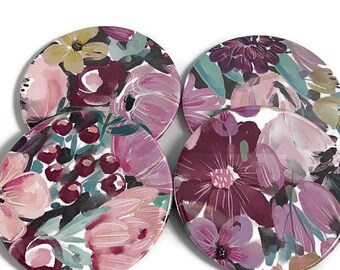 Set of 4 Drink Coasters  Coaster Set in Violet Bouquet