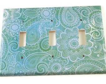 Teal Paisley Triple Light Switch Cover  Wall Decor Switch Plate Switchplate (219T)