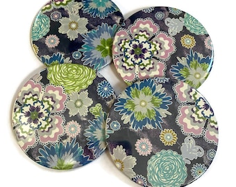 Set of 4 Drink Coasters  Coaster Set in Blue Green Floral