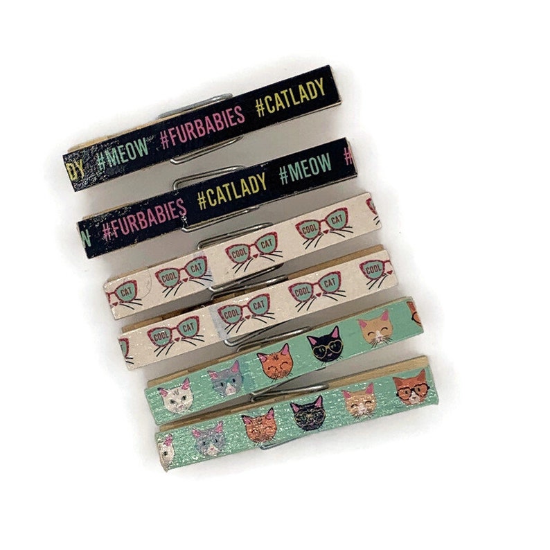 Altered Clothespin Clips Clothespin Magnets Decorative Wooden Clothespins in Cat Lady image 1