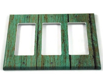 Triple Rocker Switch plate  Light Switch Cover in Faux Turquoise Barnwood  (281TR)