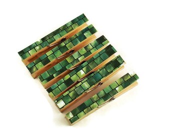 Decorative  Wooden Clothespins  Funky Clips Magnetic Clothespins in  Green Tiles