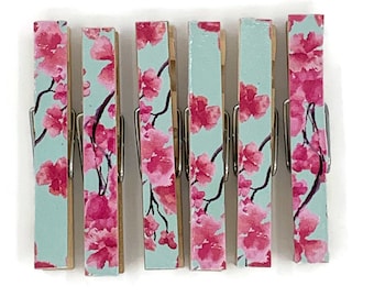 Altered Clothespin  Clips  Decorative  Wooden Clothespins in Cherry Blossoms Set of 6