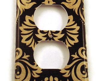 Outlet Cover Wall Decor Switchplate Light Plate in Black and Tan Damask (089O)