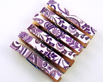 Altered Clothespin  Clips  Decorative  Wooden Clothespins in Purple Paisley