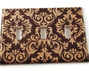 Triple Light Switch Cover in Black and Tan Damask (089T)