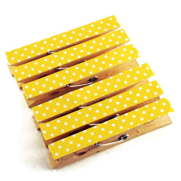 Altered Clothespin  Clips  Decorative  Wooden Clothes pins in Lemon Polka Dots