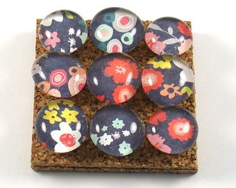 Push Pins  Cork Board Pins  Thumb Tacks in  Blue Floral Set of 9 (P17)