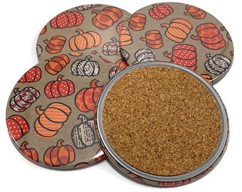 Set of 4 Drink Coasters  Coaster Set in Pumpkin Doodles - Ready To Ship